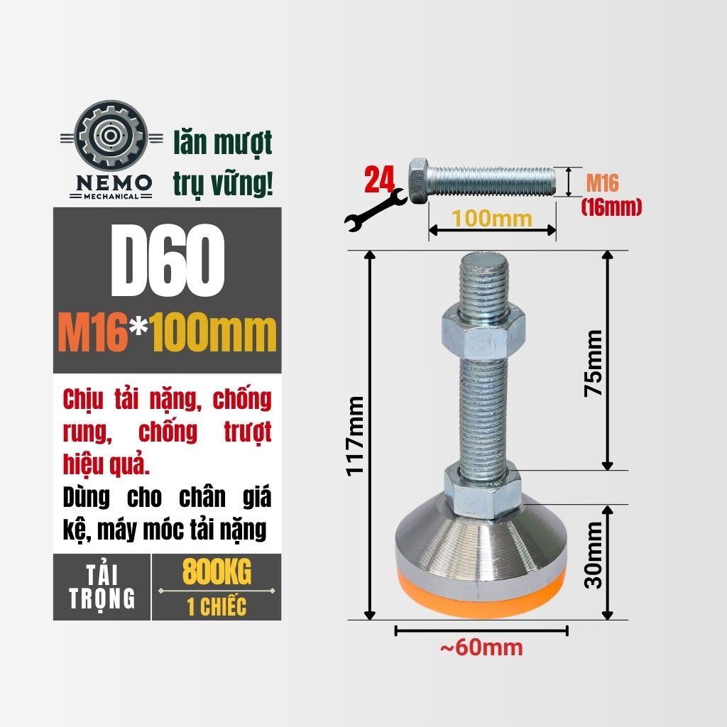 Chân Tăng Chỉnh Chịu Tải Siêu Nặng – Hệ Bulong M16/M20, Chịu Tải 3 Tấn (Bát Thép Mạ Crom)